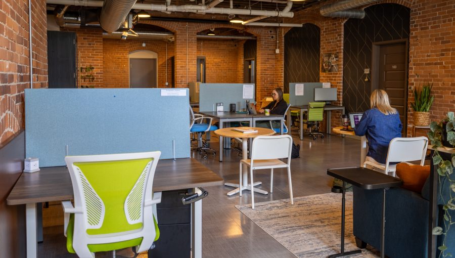 a coworking space in Fall River, MA with exposed brick interior and a speak-easy vibe.