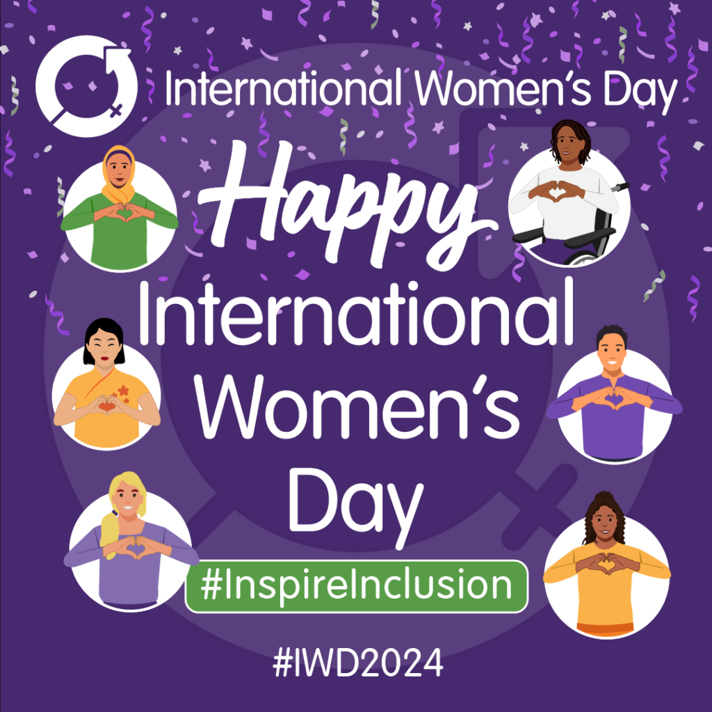 image of diverse cartoon women all making a heart shape with their hands, with text over the image saying "International Women's Day, Happy International Women's Day, #InspireInclusion #IWD2021"