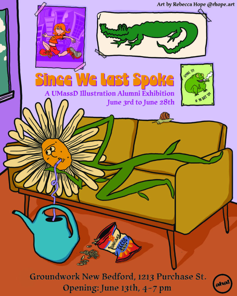 A bright art show flyer depicting a cartoon flower relaxing on a couch using a straw to drink out of a watering can