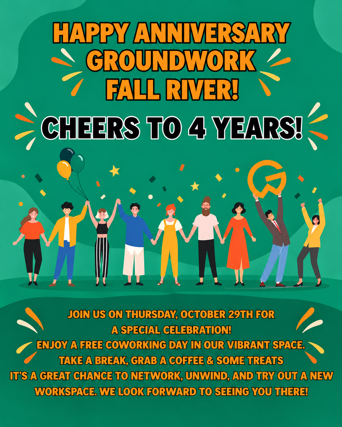 Groundwork Fall River 4th anniversary celebration flyer inviting the community to a free coworking day with coffee and treats on October 29.
